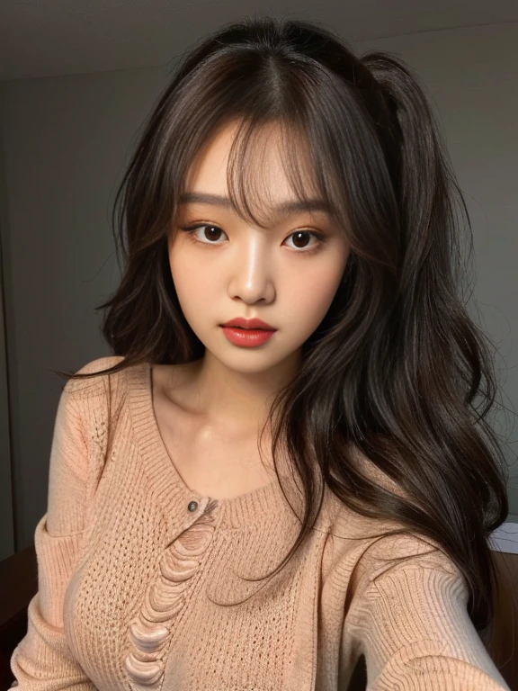 a closeup of a woman with long hair and wearing a sweater, curly bangs, korean girl, ulzzang, beautiful south korean woman, Beautiful young Korean woman, Beautiful young Korean woman, Popular Korean makeup, young and adorable korean face, curly bangs and ponytail, South Korean popular makeup, shoulder length wavy hair, with long curly hair, beautiful asian girl, messy curly hair