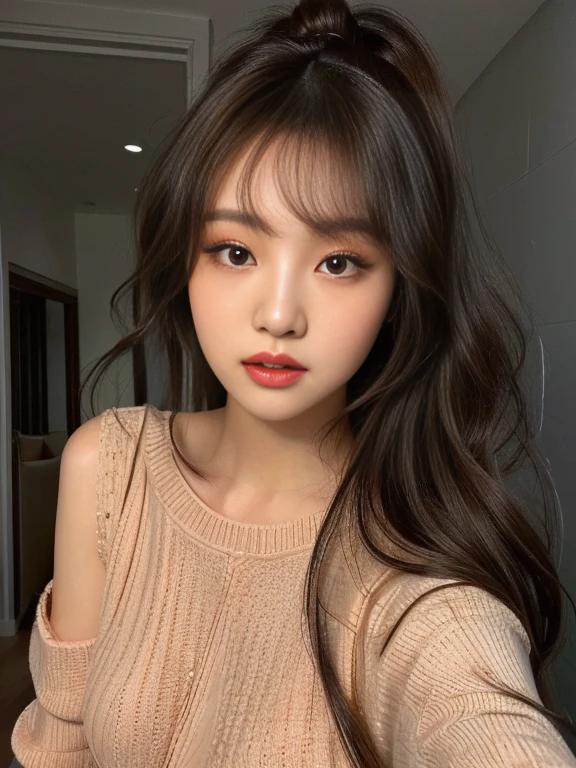 a closeup of a woman with long hair and wearing a sweater, curly bangs, korean girl, ulzzang, beautiful south korean woman, Beautiful young Korean woman, Beautiful young Korean woman, Popular Korean makeup, young and adorable korean face, curly bangs and ponytail, South Korean popular makeup, shoulder length wavy hair, with long curly hair, beautiful asian girl, messy curly hair