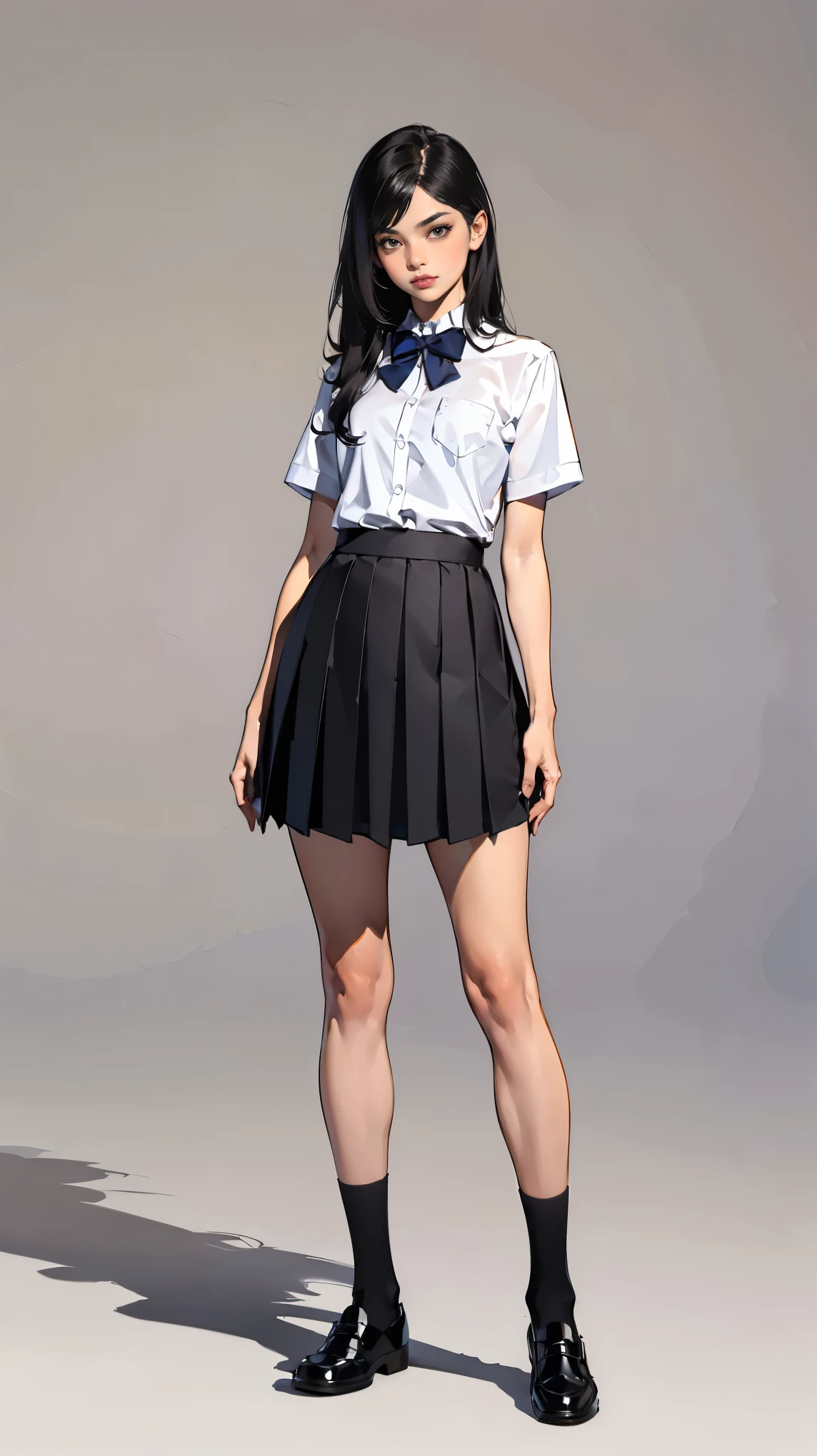 ((best quality,4k,highres,masterpiece:1.2)),((character concept art)), 1 female, age female, 15-year-old Asian beauty queen, ((black shoulder-length hair)), black hair, (fair skin colour), ultra finely detailed eyes (black eyes colour), innocent, beautiful, , slim body build, ((intricate detail)), super finely detailed hands, ultra finely detailed fingers(((ten fingers))), wearing white short sleeves school shirt with bowtie, gray school skirt, knee-length school socks, and black school loafers, (standing casually), (full body showcase), (show full body), (no logos on background), (no logo), ((plain background)), ((plain background)), (((empty background)))