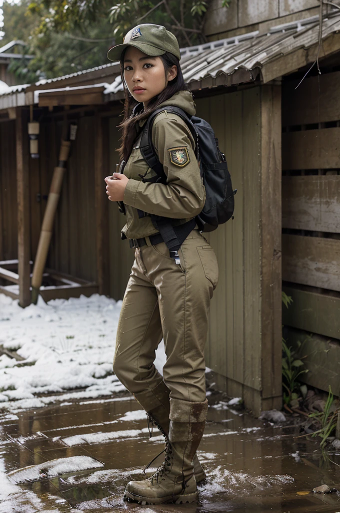 photorealistic、realistic skin texture、A beautiful Japanese woman belonging to the American military is in the jungle, alley、old brick building, on guard、carrying Backpack、wearing military uniform, tactical puffer jacket、baseball cap、holding automatic rifle、bulletproof ves snowing、moving action pose、muddy boots