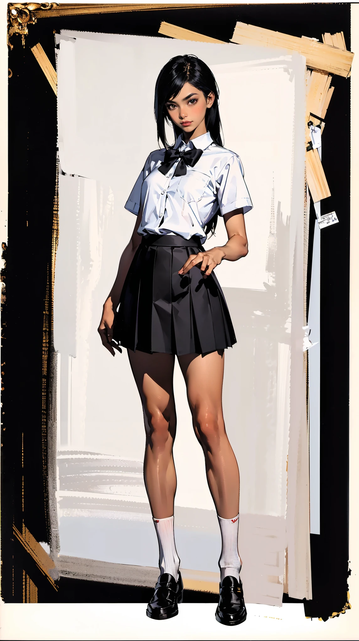 ((best quality,4k,highres,masterpiece:1.2)),((character concept art)), 1 female, teenage female, 15-year-old Asian beauty queen, ((black shoulder-length hair)), black hair, (fair skin colour), ultra finely detailed eyes (black eyes colour), innocent, beautiful, , slim body build, ((intricate detail)), super finely detailed hands, ultra finely detailed fingers(((ten fingers))), wearing white short sleeves school shirt with bowtie, gray school skirt, knee-length school socks, and black school loafers, (standing casually), (full body showcase), (show full body), (no logos on background), (no logo), ((plain background)), ((plain background)), (((empty background)))