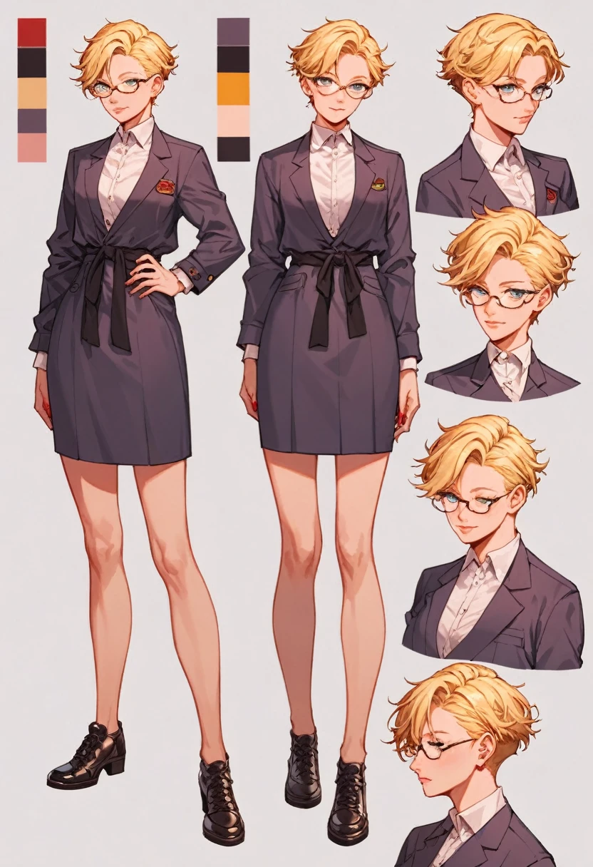 score_9, score_8_up, score_7_up, score_6_up, score_5_up, score_4_up, BREAK source_anime, 1girl, short blonde hair, thin rimmed glasses, tokyo revengers style, full body, Reference sheet, Character sheet