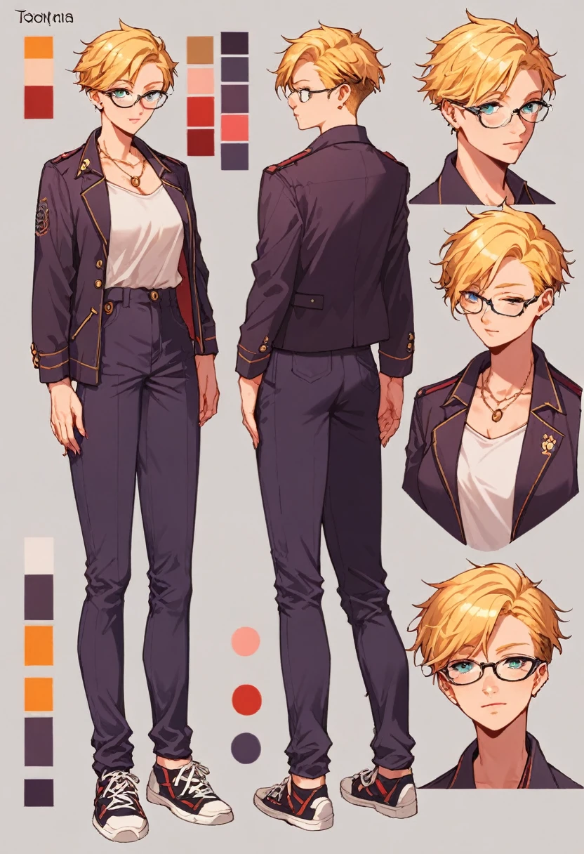 score_9, score_8_up, score_7_up, score_6_up, score_5_up, score_4_up, BREAK source_anime, 1girl, short blonde hair, thin rimmed glasses, tokyo revengers style, full body, Reference sheet, Character sheet