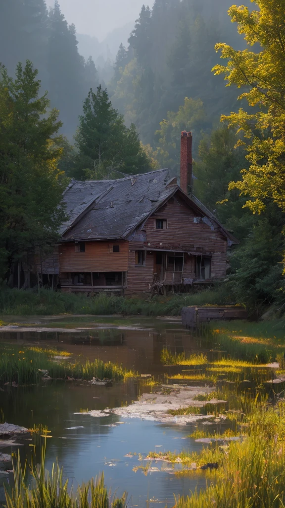 a detailed abandoned house by a lake, serene lake, (8k wallpaper of an extremely detailed CG environment), most beautiful artwork in the world, majestic professional oil painting, intricate, high detail, sharp focus, dramatic photorealistic painting art