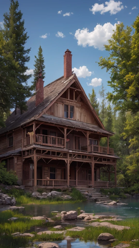 a detailed abandoned house by a lake, serene lake, (8k wallpaper of an extremely detailed CG environment), most beautiful artwork in the world, majestic professional oil painting, intricate, high detail, sharp focus, dramatic photorealistic painting art