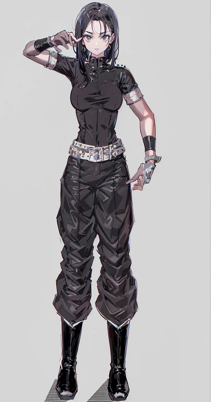 black hair girl, dressed in black, captain boots