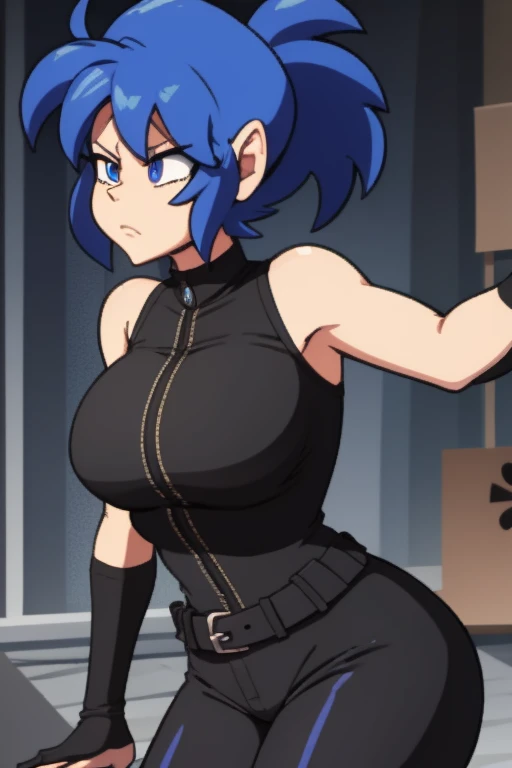 Emi has large breasts and she has blue hair and is wearing her black widow costume 