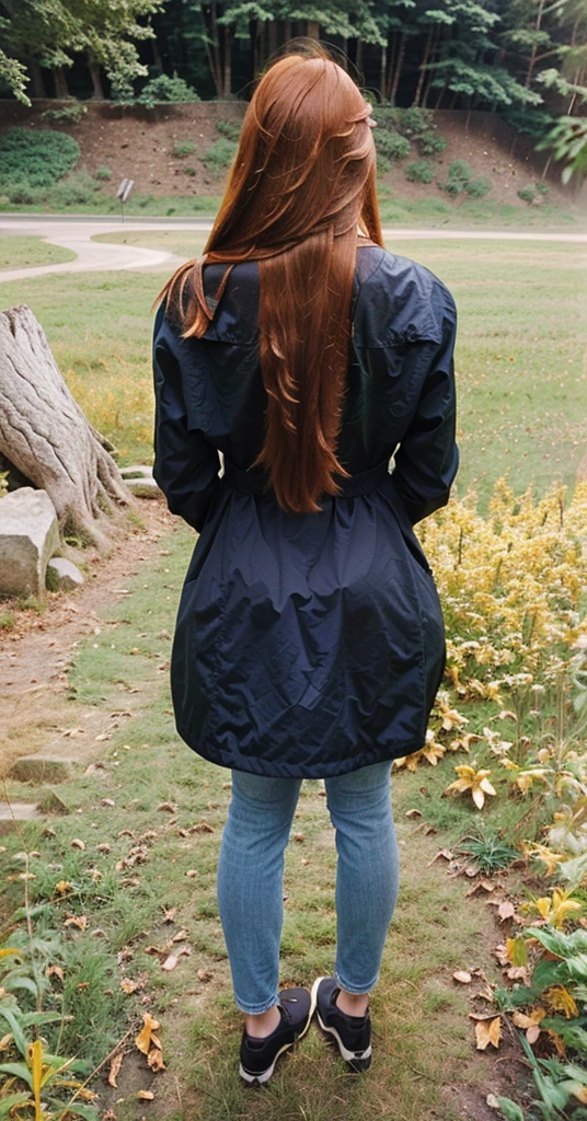 woman with rotated head, ginger, long hair, back photo, head to the back,