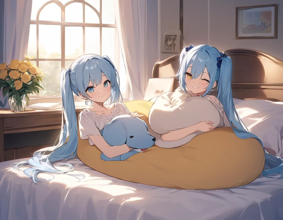 The room is decorated with many margaret flowers...、Margaret flowers on the windowsill、The morning sun is shining、Long light blue hair、beautiful girl with twin tails、Bright smile、Sitting on the bed hugging a big body pillow、My dog is watching over me beside my bed、Face Highlights