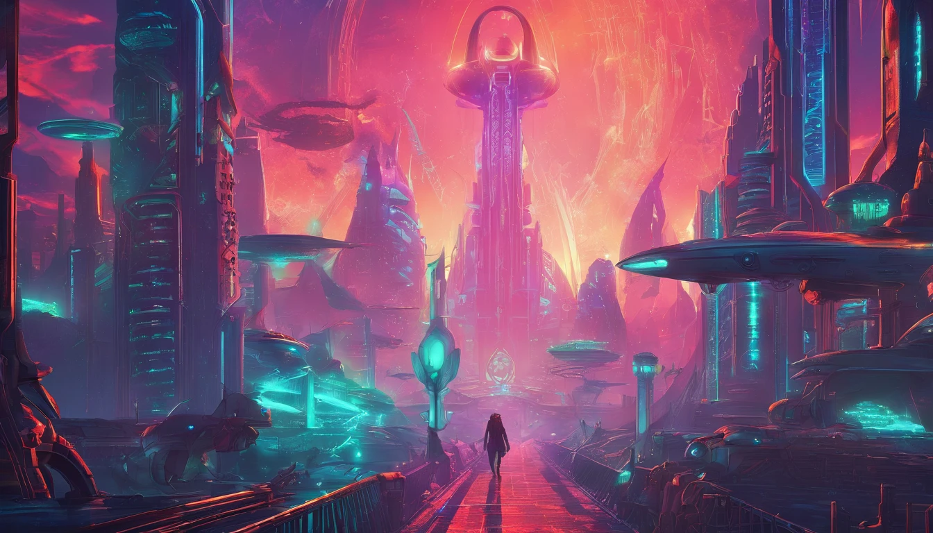 Ancient anime style, artbook, comicbook, RPG, futuristic medieval. Warrior in dragon rat armor, with human face with glowing magic tattoos, red neon details, with technological medieval armor with glowing magic marks, full body, sword with long handle with glowing magic marks. Epic scene, wide and deep scenery, with several depth planes, stylish and dynamic pose. In the middle of a retro atompunk magical metropolis, mixing technology and vegetation, buildings with neon details and glowing magical vegetation, technological magical airships with glowing details in the sky.