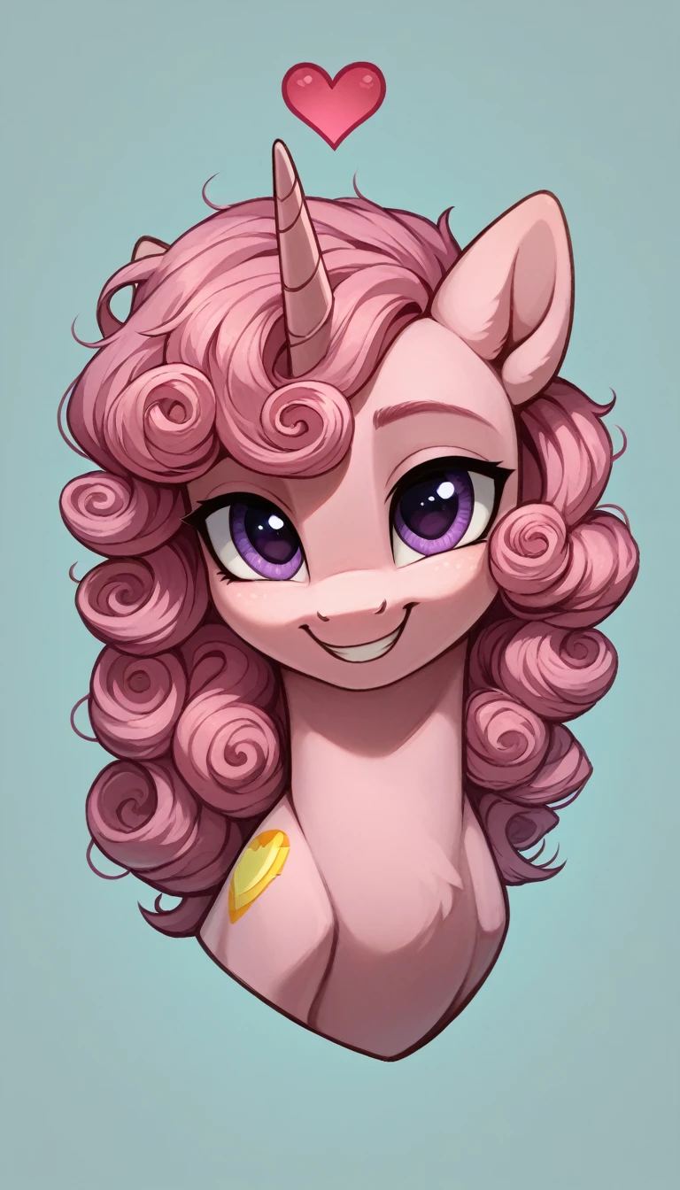 score_9, score_8_up, score_7_up, MLP, pink fur, pink curly hair, violet eyes, warm smile, golden heart cutie mark , only one stallion unicorn pony