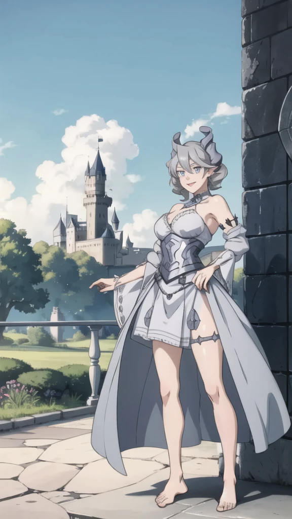  Outside castle top  High level image quality　best image quality　8K　 adult woman   silver castle outside  more colors   whole body view　portrait　  　horn    ears  　short hair（（shortcut）（gray hair）（perm）（fluffy））　eye color is blue ,  , 　attractive evil face , smile   ,  sexy pose   ,  labrynth ,  barearm    , wearing dress   , standing , view barefoot , view foot arc   , view side