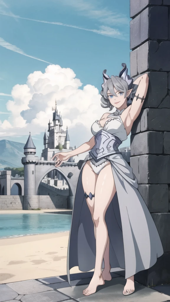  Outside castle top  High level image quality　best image quality　8K　 adult woman   silver castle outside  more colors   whole body view　portrait　  　horn    ears  　short hair（（shortcut）（gray hair）（perm）（fluffy））　eye color is blue ,  , 　attractive evil face , smile   ,  sexy pose   ,  labrynth ,  barearm    , wearing dress   , standing , view barefoot , view foot arc   , view side
