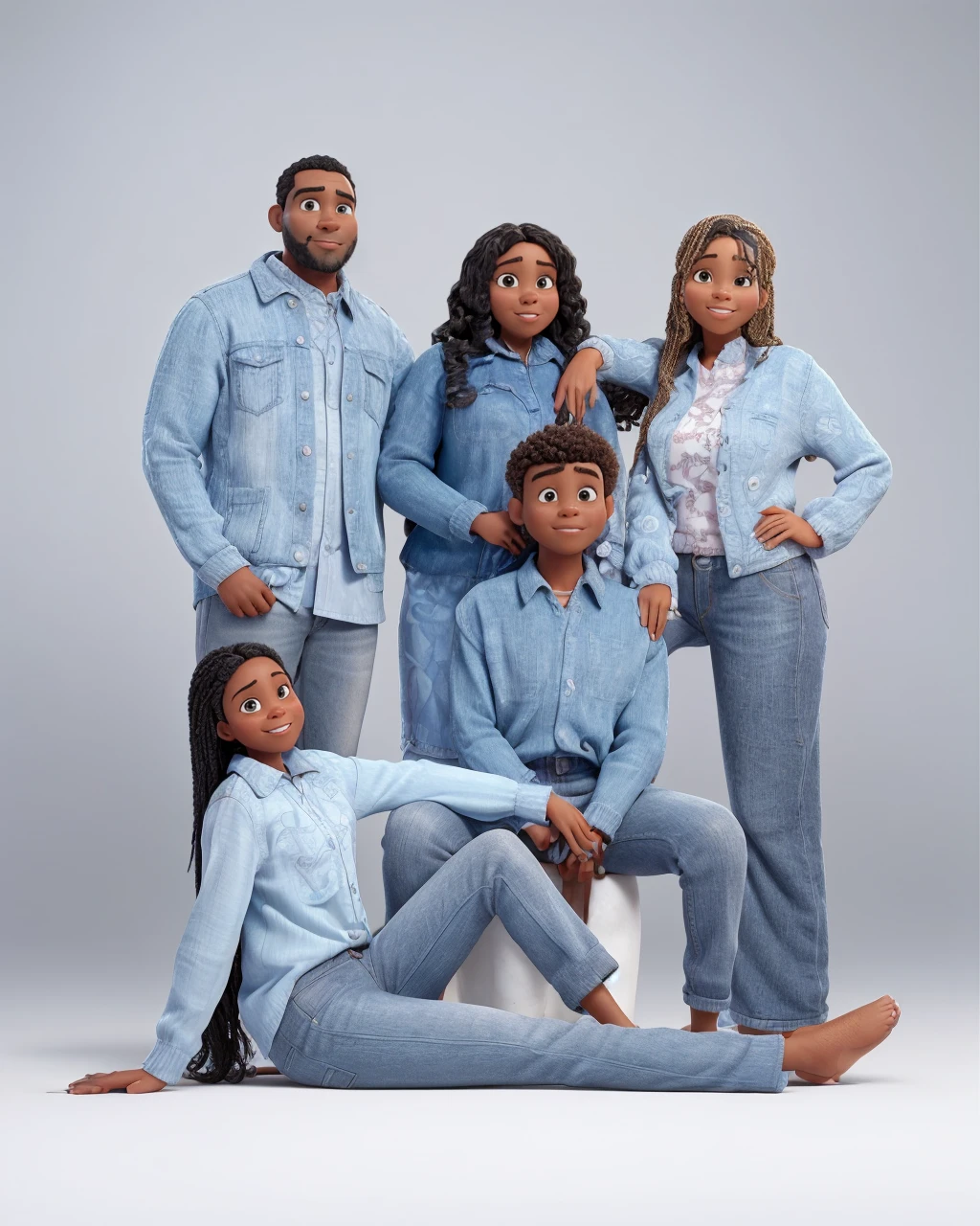 a Disney Pixar movie poster showing an average brown-skinned family. The father is the tallest, Tem barba curta, preta, cabelos curtos e escuros. The mother has black eyes and black hair, crespo na altura dos ombros. A tem 4 anos e cabelos castanhos crespos, roupa rosa. The background is a beach garden. 3D-rendering