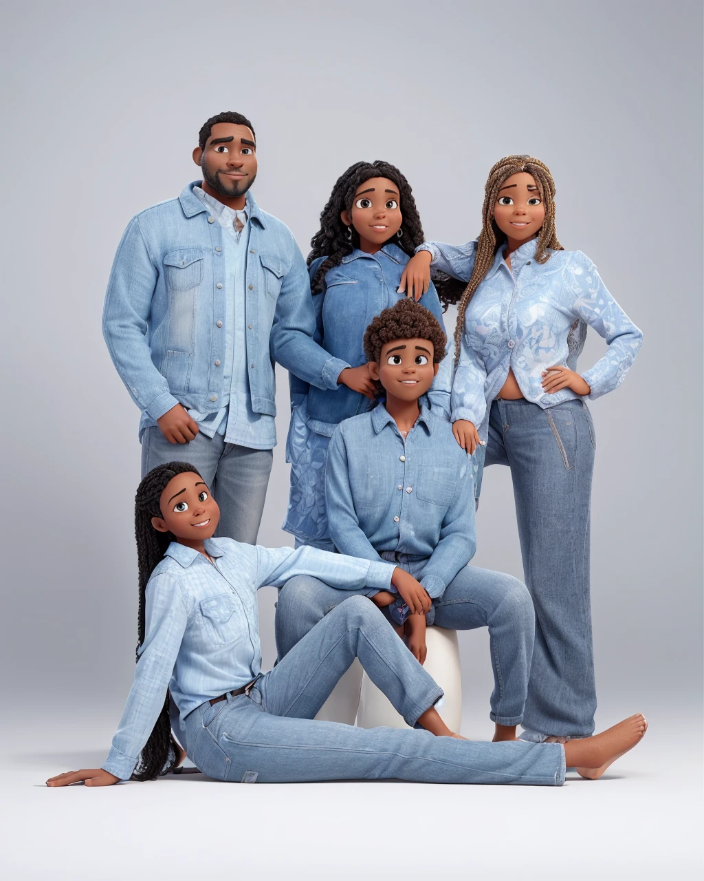 a Disney Pixar movie poster showing an average brown-skinned family. The father is the tallest, Tem barba curta, preta, cabelos curtos e escuros. The mother has black eyes and black hair, crespo na altura dos ombros. A tem 4 anos e cabelos castanhos crespos, roupa rosa. The background is a beach garden. 3D-rendering