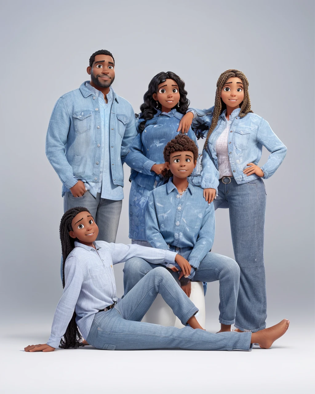 a Disney Pixar movie poster showing an average brown-skinned family. The father is the tallest, Tem barba curta, preta, cabelos curtos e escuros. The mother has black eyes and black hair, crespo na altura dos ombros. A  tem 4 anos e cabelos castanhos crespos, roupa rosa. The background is a beach garden. 3D-rendering