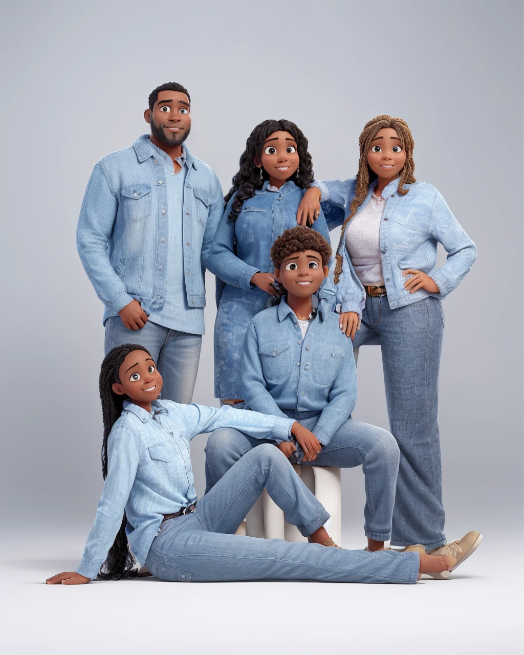 a Disney Pixar movie poster showing an average brown-skinned family. The father is the tallest, Tem barba curta, preta, cabelos curtos e escuros. The mother has black eyes and black hair, crespo na altura dos ombros. A  tem 4 anos e cabelos castanhos crespos, roupa rosa. The background is a beach garden. 3D-rendering