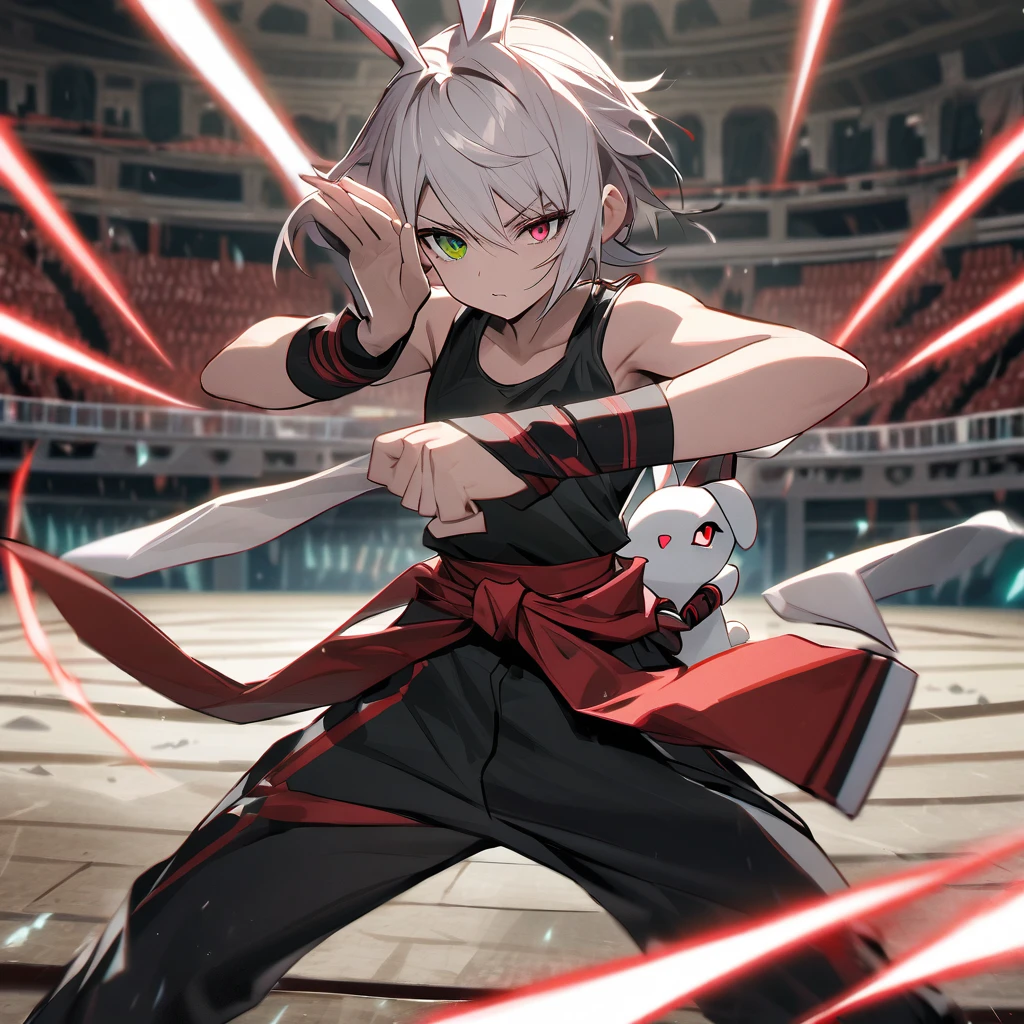 (well done: 1) humanoid white rabbit, dark pink left eye, green right eye, black tank top, bands on the hands up to the forearms, black pants with a red belt on the waist, red sneakers with black details.  in a battle pose in a coliseum.