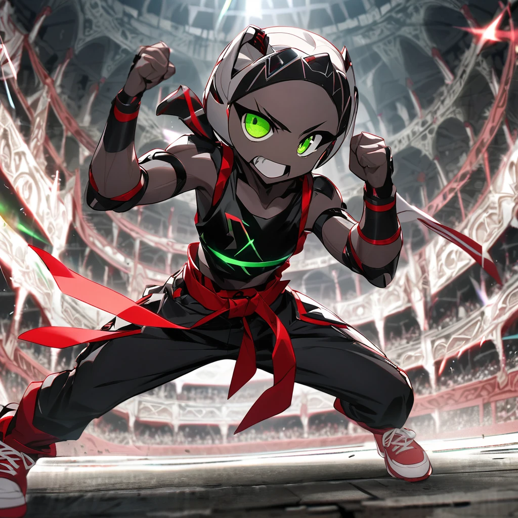 (well done: 1) humanoid white rabbit, dark pink left eye, green right eye, black tank top, bands on the hands up to the forearms, black pants with a red belt on the waist, red sneakers with black details.  in a battle pose in a coliseum.