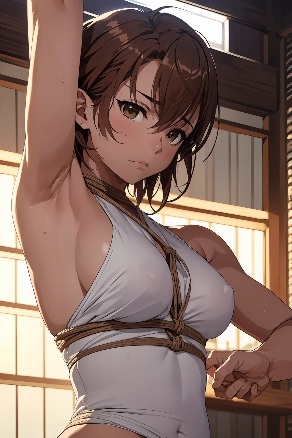 NSFW(Highest quality:1.5, High resolution, uhd, 4K, Detailed lighting, Shaders), Misaka Mikoto,　solo short hair　Brown Hair　Brown eyes　Cool face　　((BDSM, bondage, bound, shibari, restrained))++　White panties　topless　Get angry顔　Dark realistic dungeon　　Super oily skin　Muscular　Raise your arms　Hang your arms from the ceiling　from below,　Sweat　Get angry　Beautiful Armpits