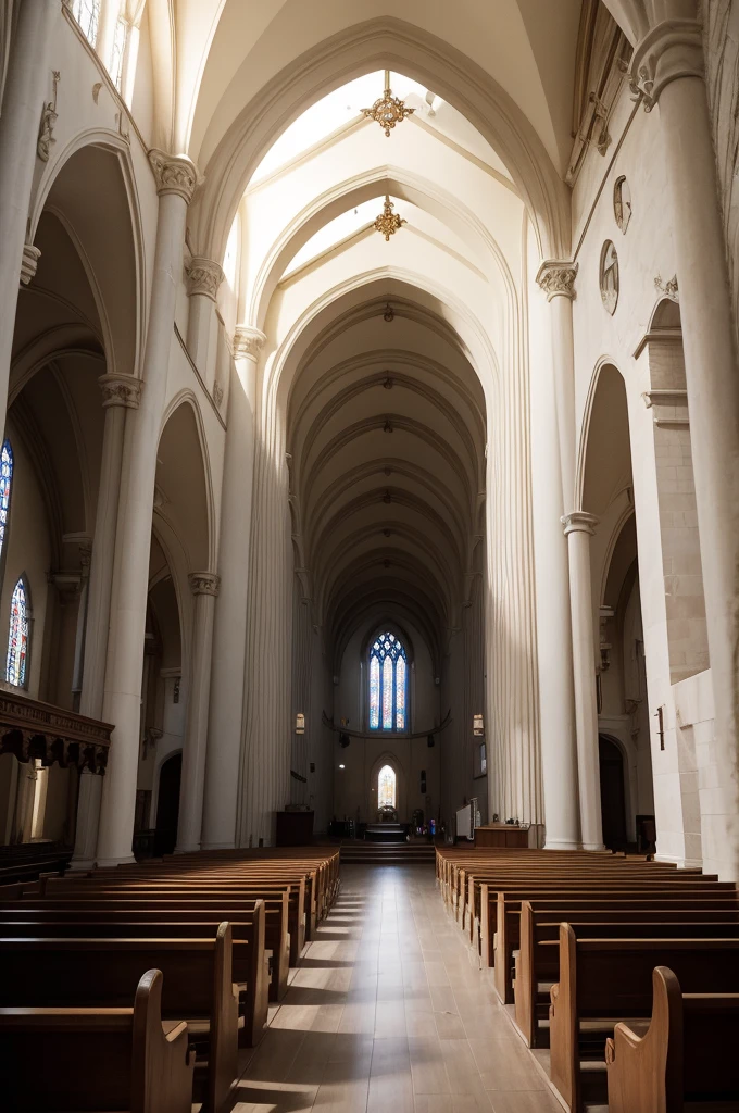 "Interior of a church full of people, with a diagonal view from back to front. The church roof is missing, replaced by a tunnel that connects the church to heaven. The walls of the tunnel are formed by a resplendent light, creating a surreal and peaceful atmosphere."