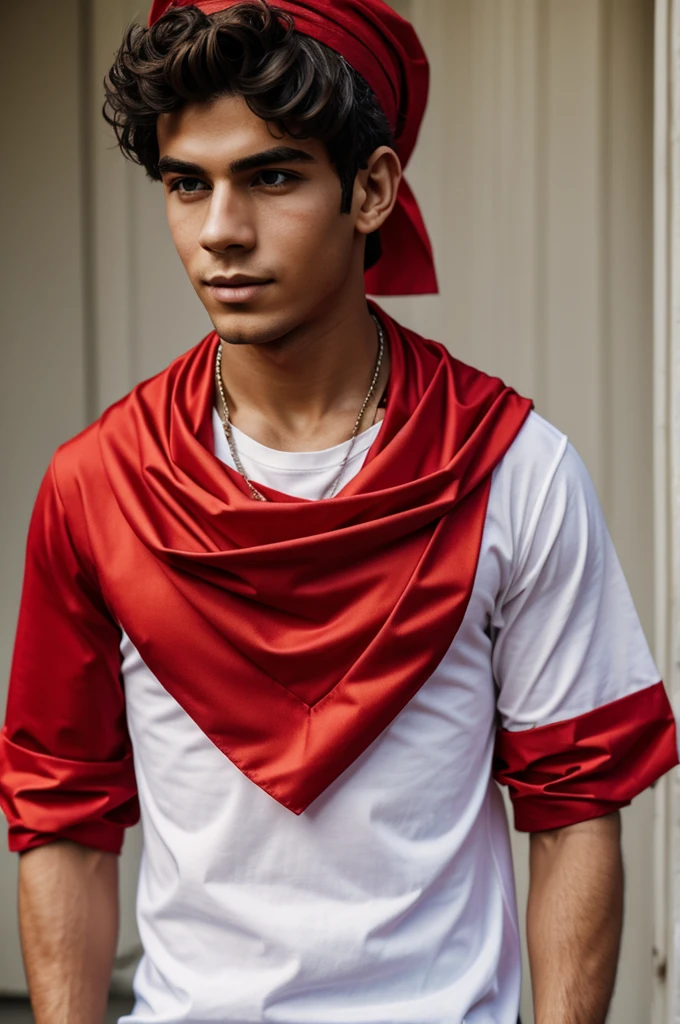 Boy with sleeved clothing and red bandana around his neck