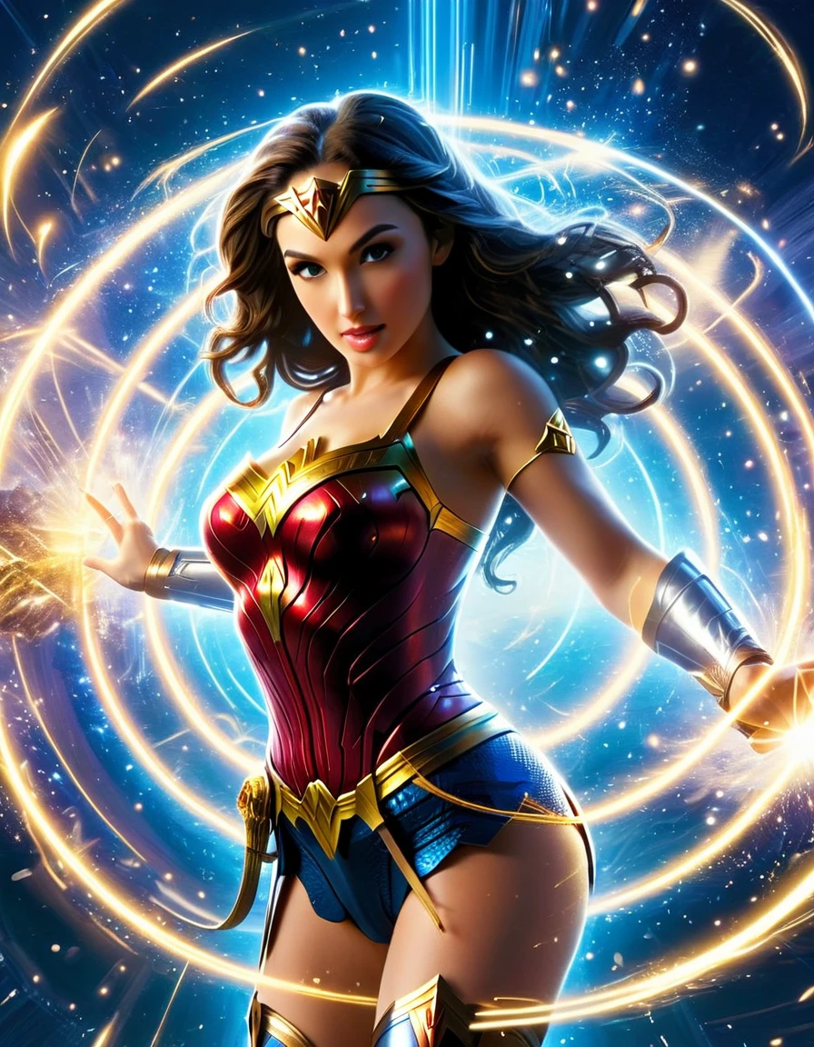 Capture the dynamic energy of Wonder Woman in a state of flux, with multiple iterations in motion, creating a visually dynamic and captivating composition within Plex.