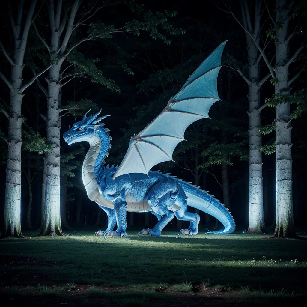 giant dragon, winged, majestic, ancestral white and blue, lying in a forest enchanting with night glow