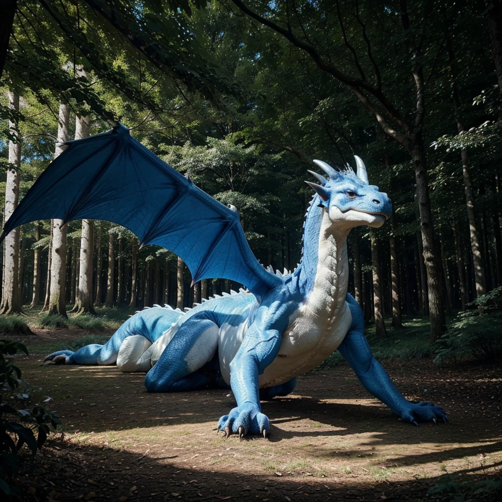 giant dragon, winged, majestic, ancestral white and blue, lying in a forest enchanting with night glow