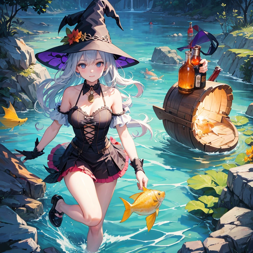 A witch and a fish swimming in a bottle