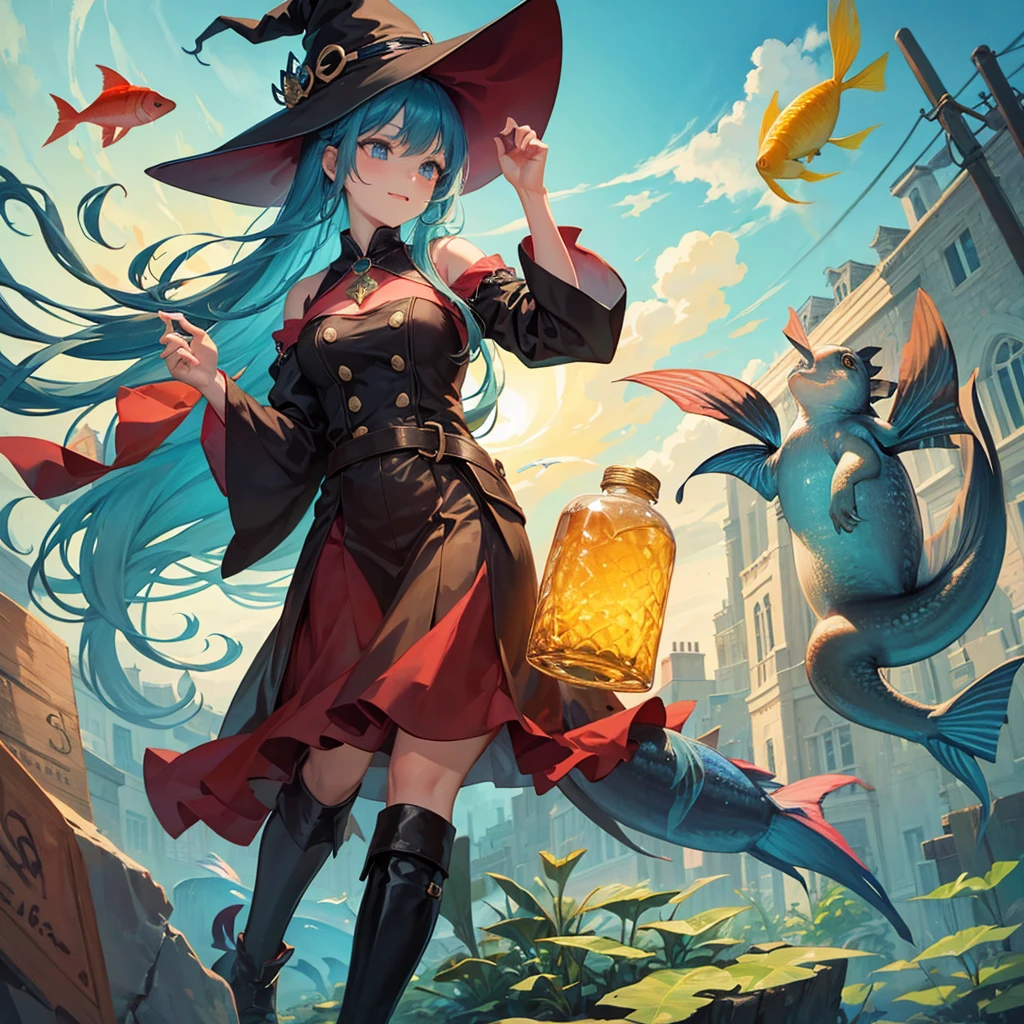 A witch and a fish swimming in a bottle