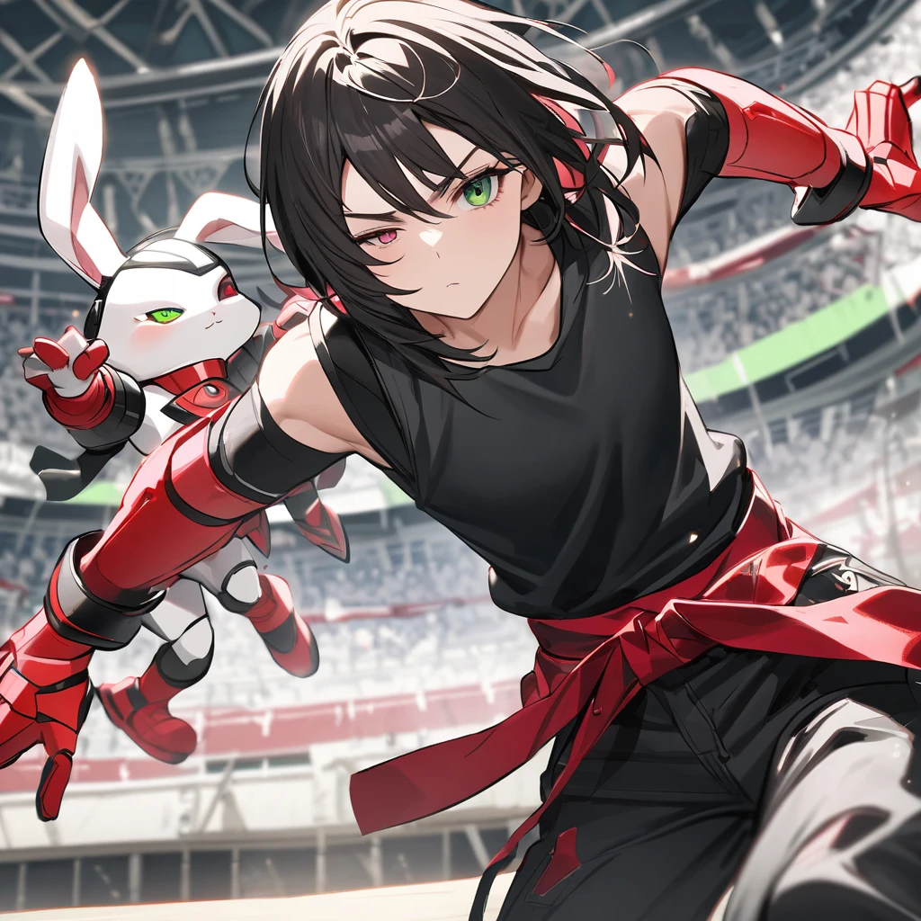 (well done: 1) humanoid white rabbit, dark pink left eye, green right eye, black tank top, bands on the hands up to the forearms, black pants with a red belt on the waist, red sneakers with black details.  in a battle pose in a coliseum.