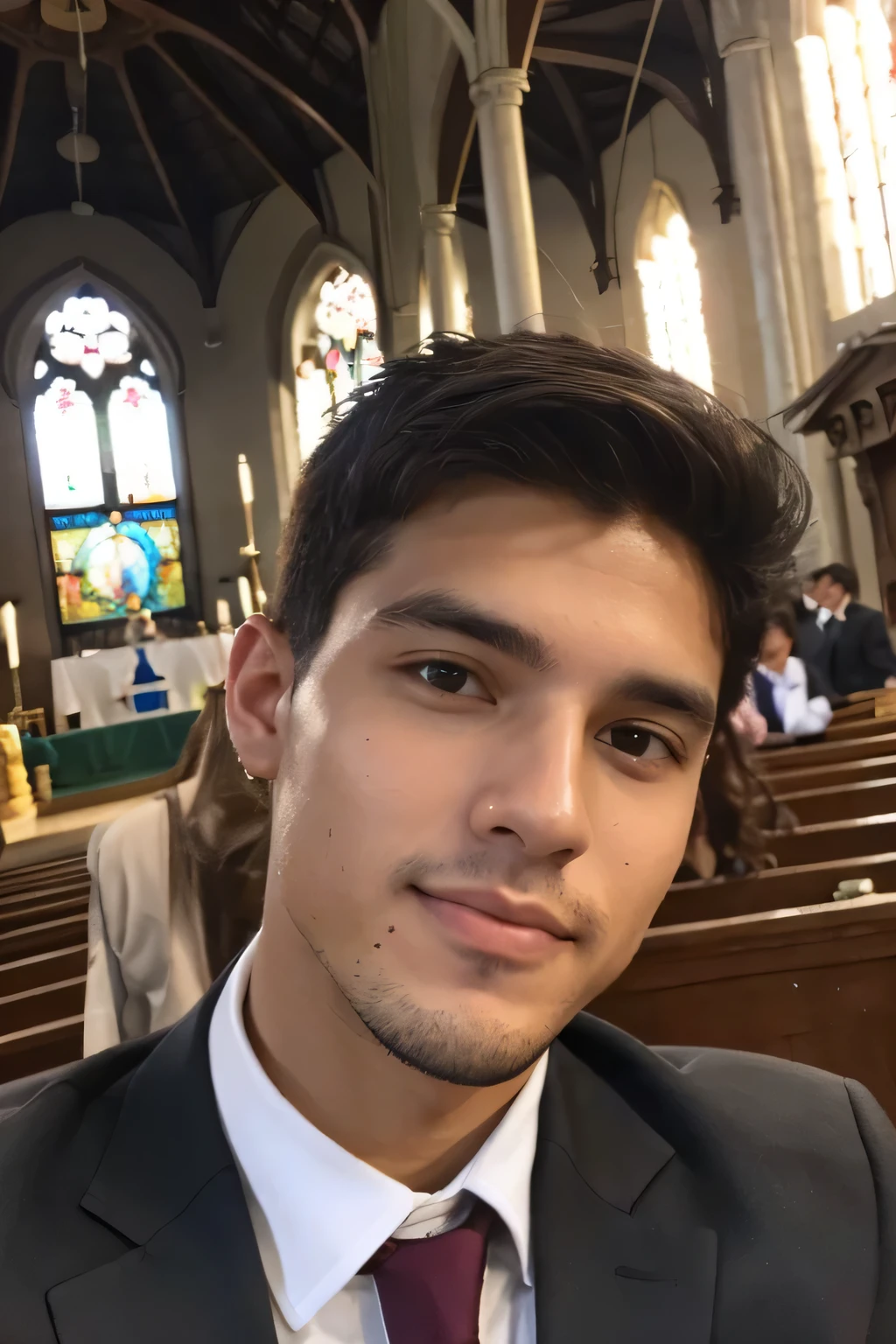  25 year old Brazilian boy, beautiful white skin, eyes browns, Hand in pocket, in a suit , a selfie of the face In church with several people 🤳🏽.. realisitic... best qualityer 