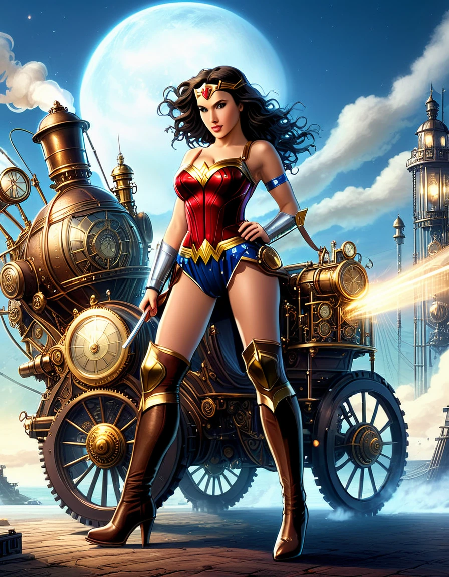 Transport Wonder Woman to a Victorian-era steampunk universe, blending historical elements with advanced rendering techniques to create a unique and visually rich composition.