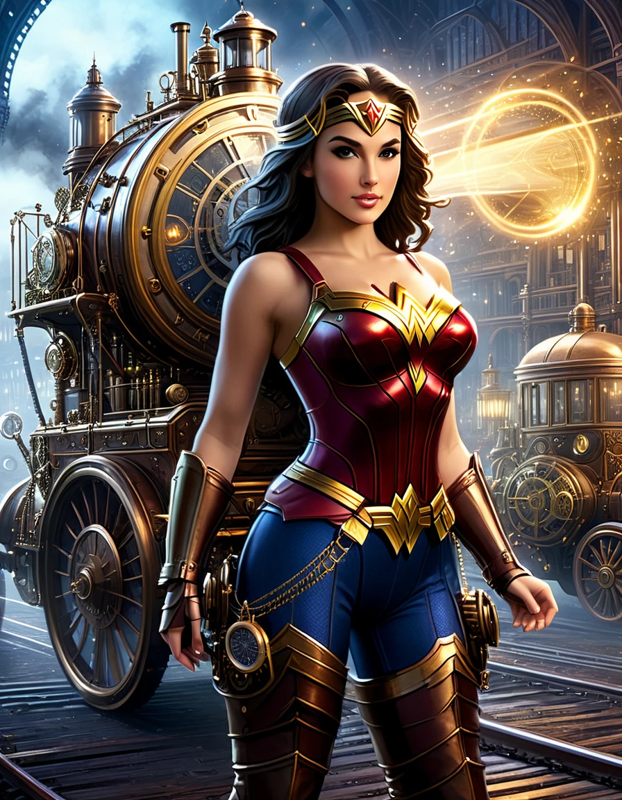 Transport Wonder Woman to a Victorian-era steampunk universe, blending historical elements with advanced rendering techniques to create a unique and visually rich composition.