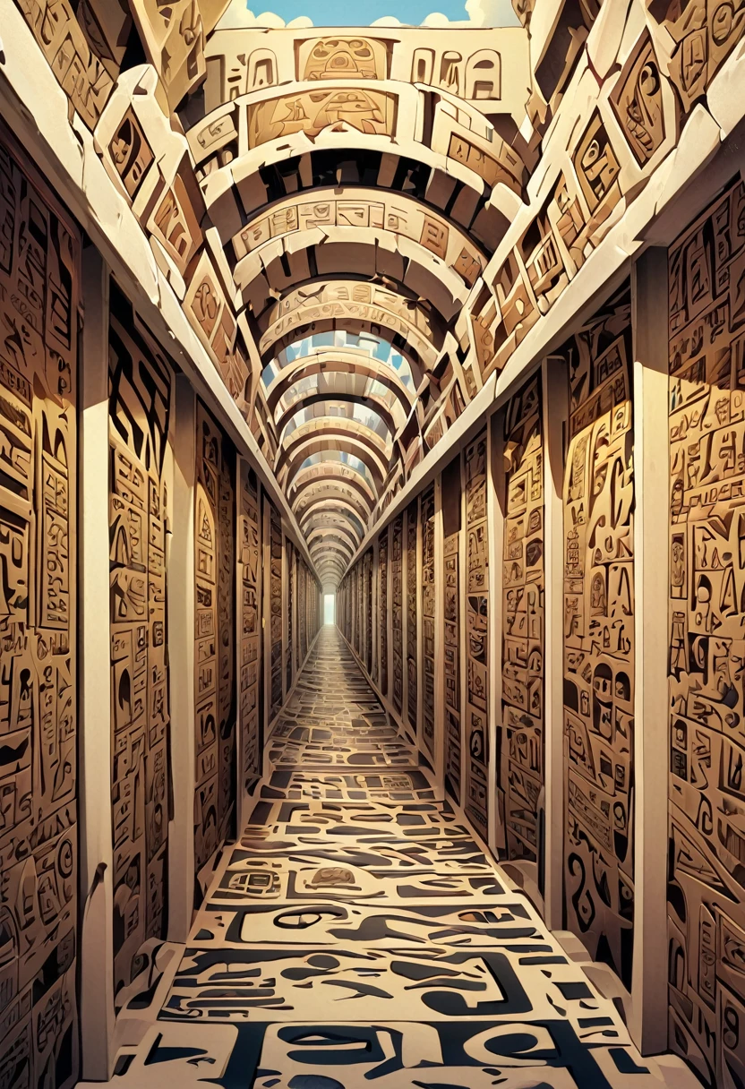 An endless corridor of melting cartoons, ancient hieroglyphs, and optical illusions that play tricks on the mind, creating a sense of infinite depth and movement.