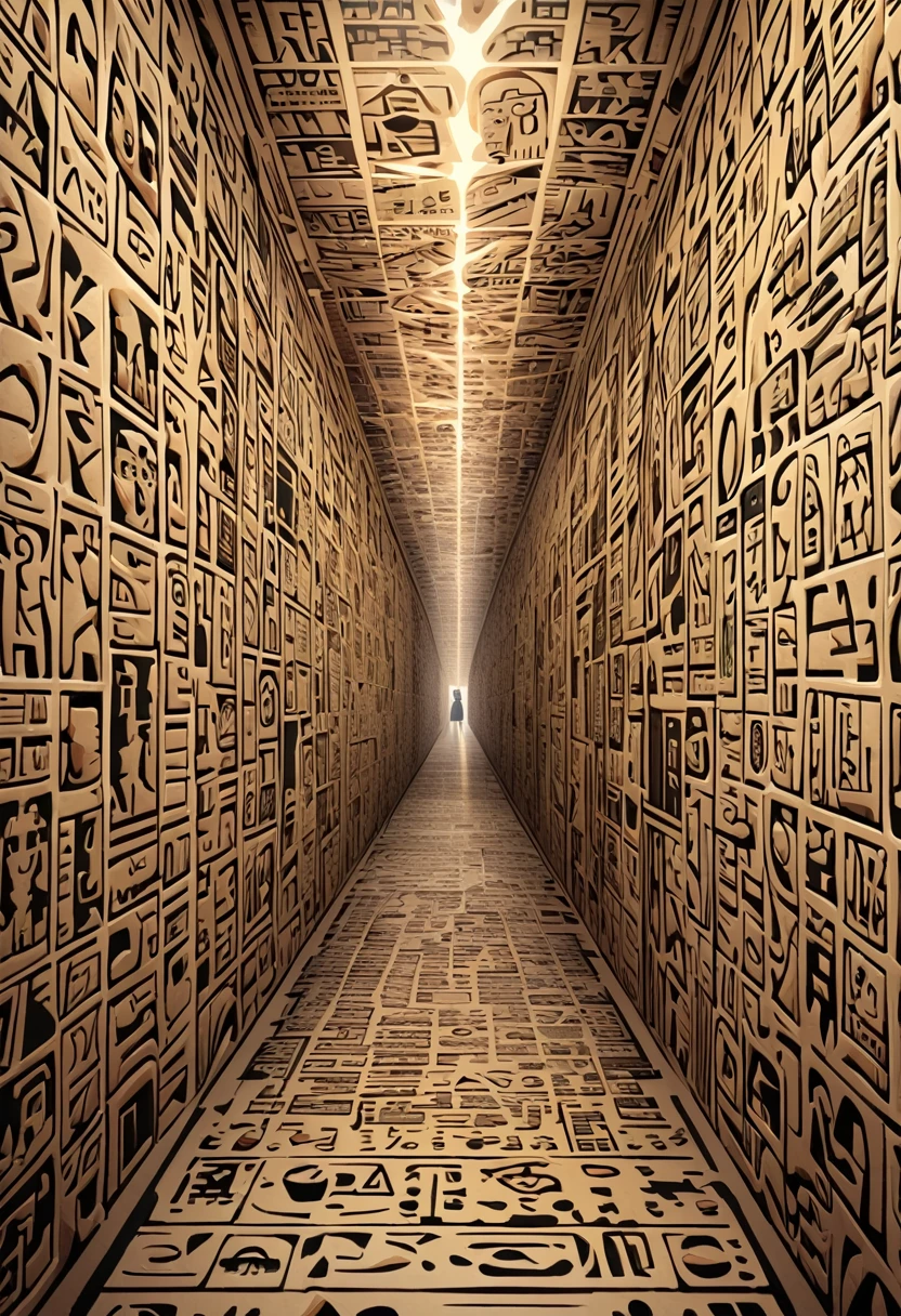 An endless corridor of melting cartoons, ancient hieroglyphs, and optical illusions that play tricks on the mind, creating a sense of infinite depth and movement.