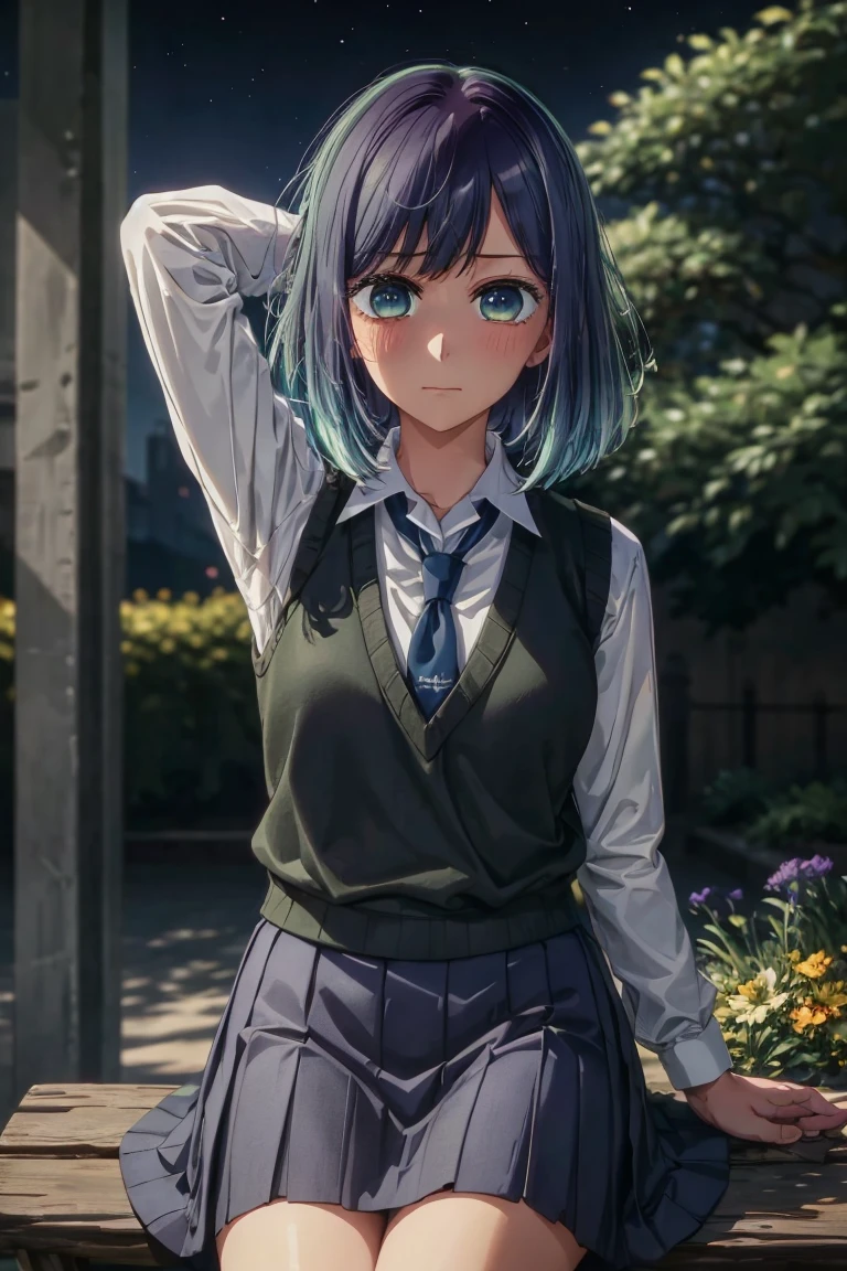 best quality, masterpiece, 1 girl, alone, detailed eyes, nervous, very blushing, arms behind head, tie, shirt, blue tie, blue hair, white shirt, long sleeves, averted gaze, medium hair, collared shirt , vest, indoors, bangs, vest, closed mouth, green eyes, multicolored hair, black vest, short hair, bleached hair, blue eyes, skirt, night, flower park background, sitting on a bench, leaning on the back from the bank,