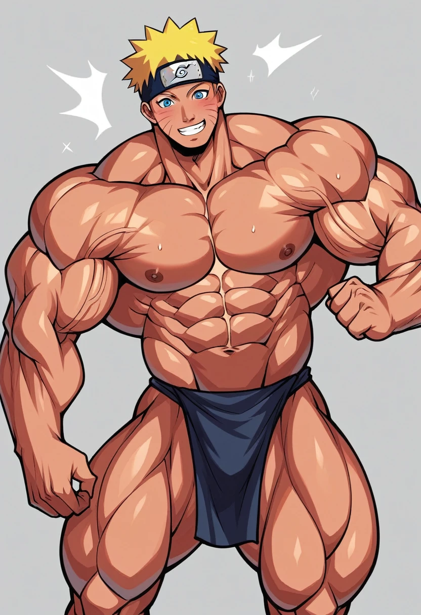 (whole body) The boy was shy and blushed (photo theme: Close-up of muscular thigh muscles ) (photo angle from bottom to top)(Naruto anime drawings) (photo angle from the ground up) [anime photo][Highest quality photo][4k,HD photo quality ] Wear tight, short soaked loincloths,loincloth protrudes due to erect male genitalia  (muscular thigh muscles, firm thigh muscles, muscular thigh muscles, sinewy thigh muscles, giant thigh muscles, Strong leg muscles, hamstring muscles of the legs) ,Uzumaki Naruto fun, happy ,Happy, body-builder,bodybuilding, standing, Redskin, pink skin, tanned skin,reddish brown skin, a lot of sweat running, top-less, shirtless, warm and sunny, (don&#39;t use banners,don&#39;t wear headbands) hands behind head