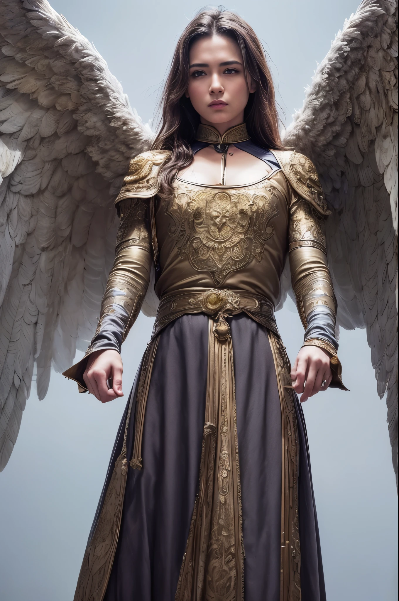 Tall male angel, God, War hero, Archangel Gabriel, Front view of the face, The scene takes place in the Heavenly Palace, Standing on the steps, (A cold overlook:1.3), Looking at the audience, Spread your huge wings, Pure white big wings, Detailed face and eyes, The female angel stands below，Towards Gabriel, War Mobilization Rally, Sacred white background, fantasy, golden and silver colors, (best quality,Very detailed,masterpiece,Human Development Report,Ultra HD,potassium:1.3),professional,Practical,RAW photos,Bright colors