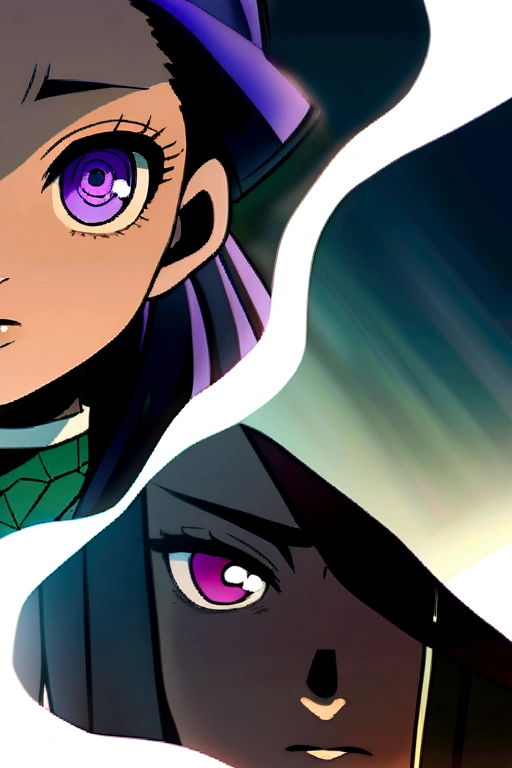 Kimetsu no yaiba style anime girl with hunter outfit, purple eyes, teal hair and brown skin.