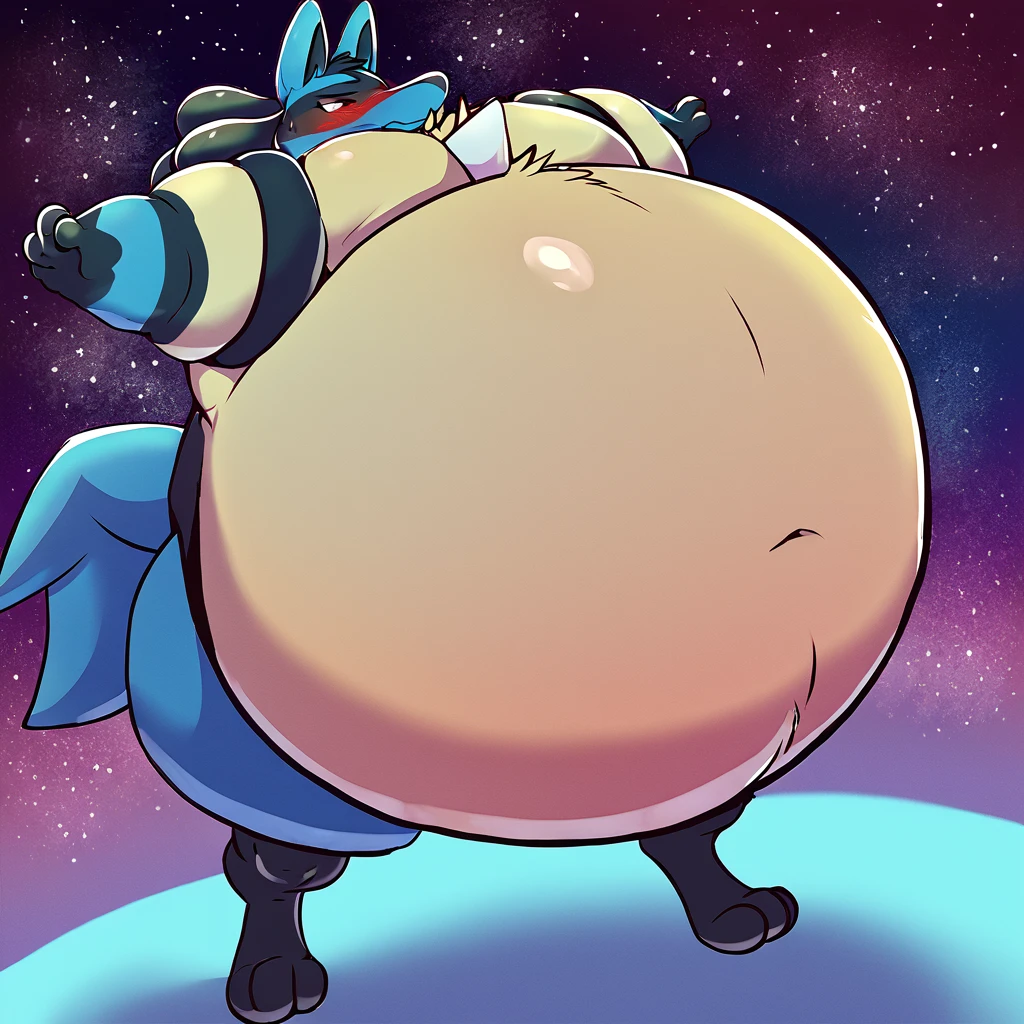 score_9_up, solo, male Lucario, anthro, male, pokemon, pokemon \(species\), generation 1 pokemon, embarrassed, blushing, floating in outer space, puffed arms, puffed legs, hyper inflation