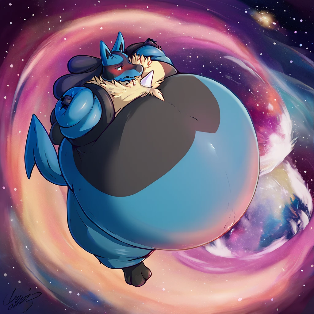 score_9_up, solo, male Lucario, anthro, male, pokemon, pokemon \(species\), generation 1 pokemon, embarrassed, blushing, floating in outer space, puffed arms, puffed legs, hyper inflation