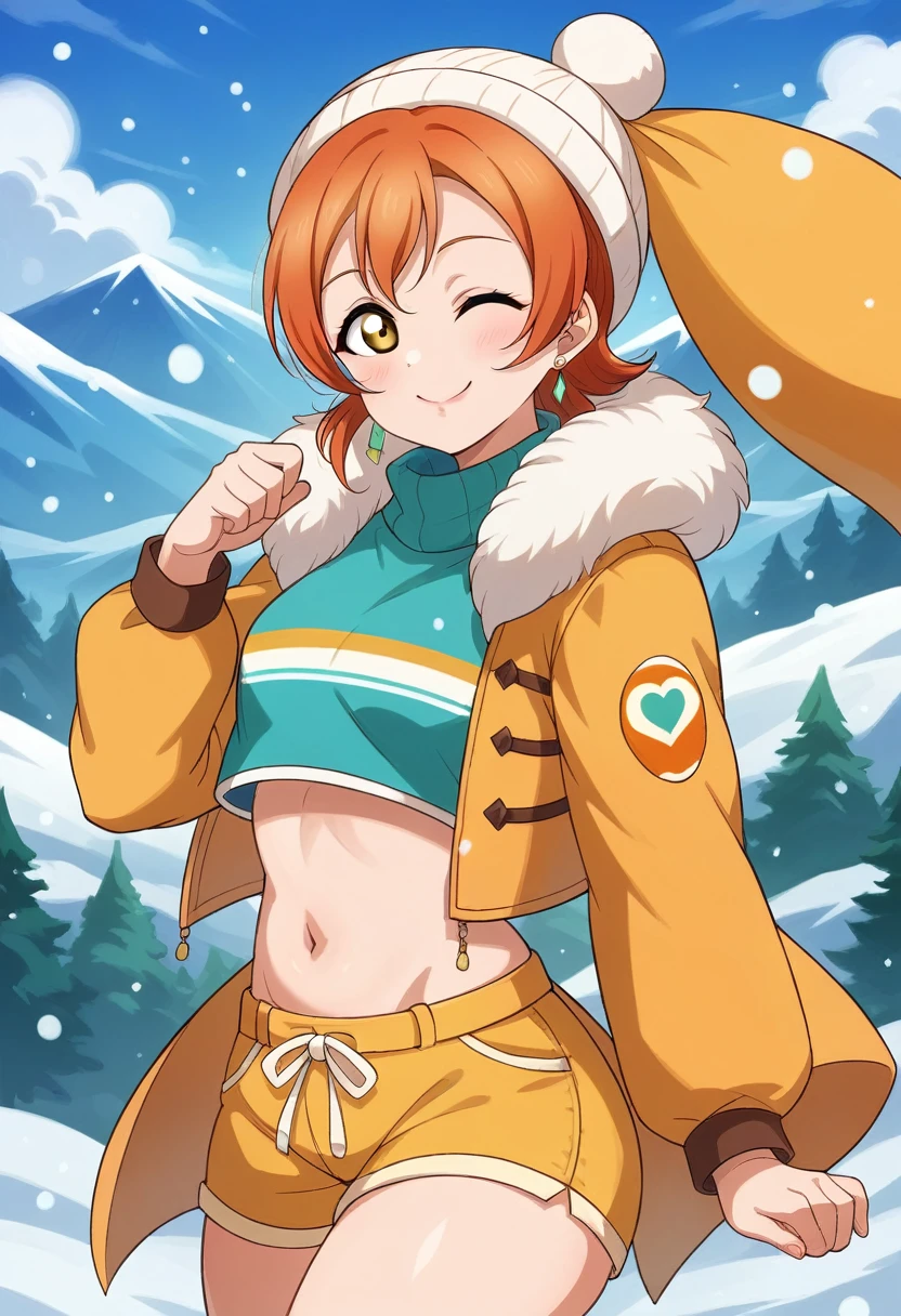 (Masterpiece, Best Quality, High Quality), Rin Hoshizora Love Live, orange hair, yellow eyes, cowboy shot,bangs, white beanie hat , crop top, jewelry, closed mouth, earrings, outdoors, sky, yellow shorts, fur trim, cute , snow, snowing, mountain, fur-trimmed jacket, mountainous horizon, smile ,(lipstick:0.8), thicc thighs ,wink