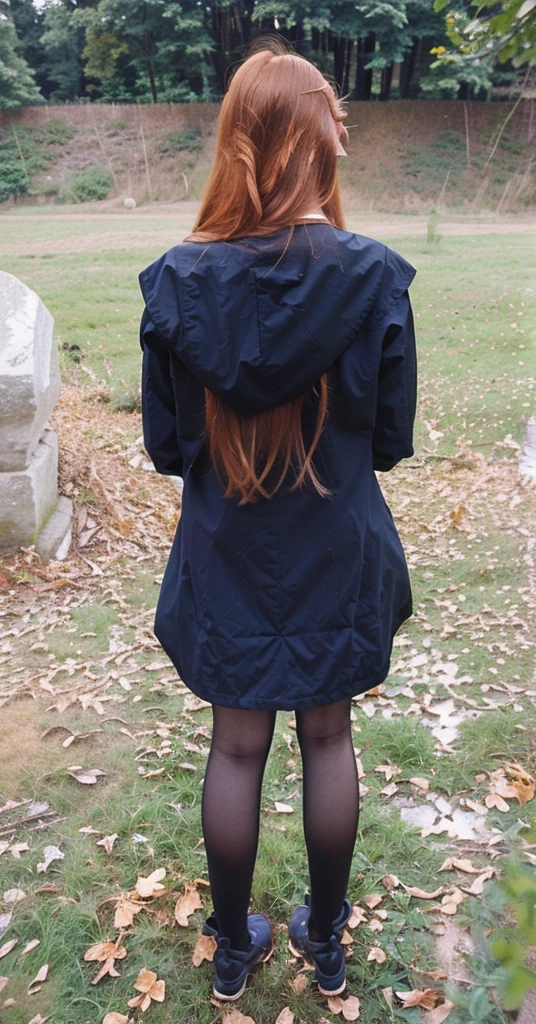 woman with rotated head, ginger, long hair, back photo, head to the back, face visible from the front,