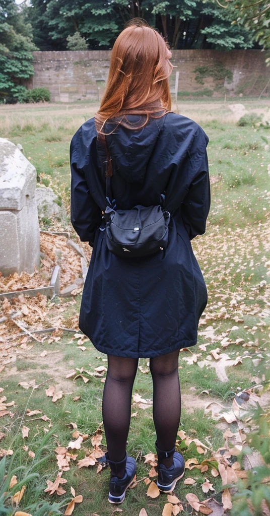 woman with rotated head, ginger, long hair, back photo, head to the back, face visible from the front,