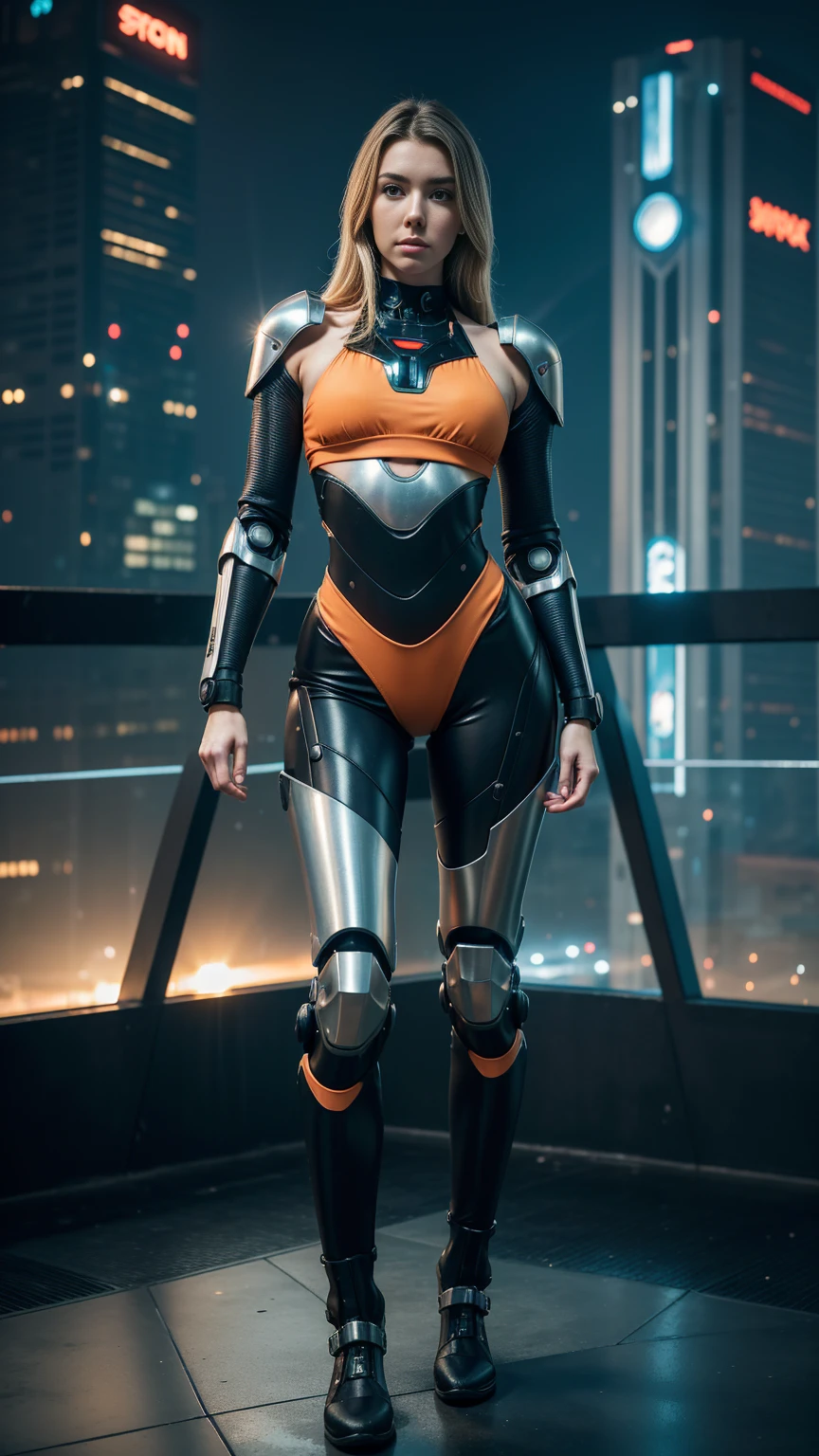 ((Full body photo, standing, on the ground)) ((masterpiece, 8K, 3D, Realistic, Super Detail)), (1girl:1.3), slender 17 age, Ultra Micro photography, Super realistic, Perfect face, Beautiful features, ((Perfect female body)) Beautiful features, ( body), ((small hip)), Vanessa Kirby as (((2 piece Bikini))), Sci-fi futuristic cyberpunk ((bionic orange chest metal armor suit)), Futuristic soldier, ((Exposed thigh)), Exposed Skin, Front Full body Shot, full body portrait, futuristic city background