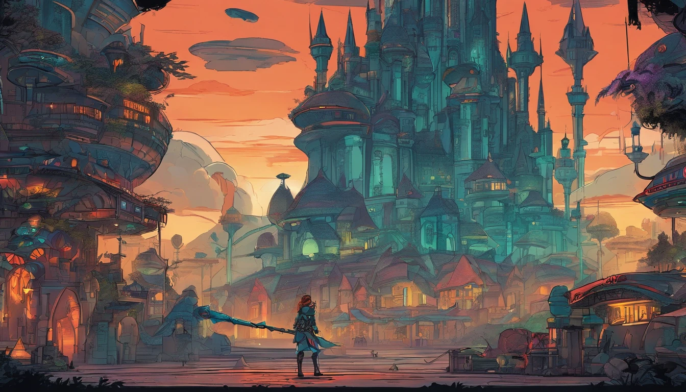 Ancient anime style, artbook, comicbook, RPG, futuristic medieval. Warrior in dragon rat armor, with human face with glowing magic tattoos, red neon details, with technological medieval armor with glowing magic marks, full body, sword with long handle with glowing magic marks. Epic scene, wide and deep scenery, with several depth planes, stylish and dynamic pose. In the middle of a retro atompunk magical metropolis, mixing technology and vegetation, buildings with neon details and glowing magical vegetation, technological magical airships with glowing details in the sky.