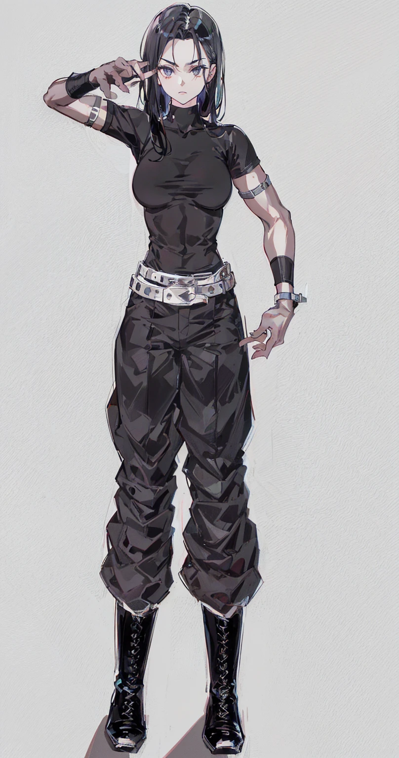 black hair girl, dressed in black, captain boots, black t-shirt, defined muscles