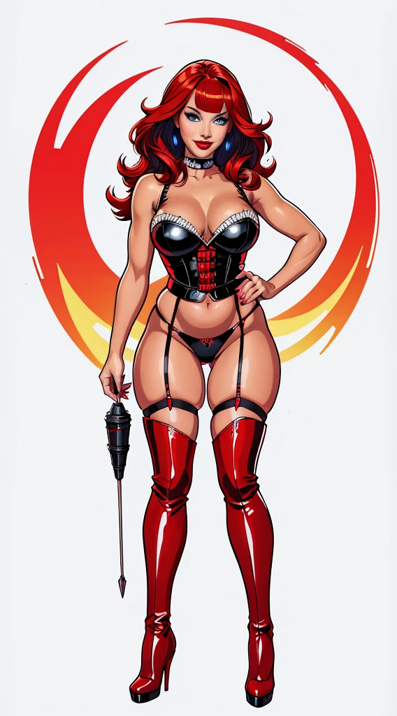 Sexy Hermaphrodite, Plump, pursed lips, Smooth Skin, Blonde with bangs..Crystal blue eyes with smoky eyeshadow and black eyeliner, Black semi-matt lipstick, Dark Skin, A frivolous, proud smile, Red hair.Full body image、Plain white background、Red thigh-high boots with red stiletto heels.Red harness.Full body angle、BDSM、Pin-up girl style riding a rocket